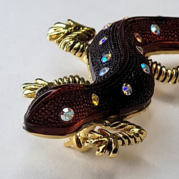 Gold Tone Lucite Aurora Crystal Lizard/Gecko Pin/Brooch - Picture 10 of 14